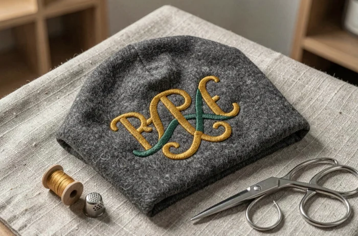Gros plan d'un bonnet brodé personnalisé avec monogramme en fil jaune et vert sur laine grise