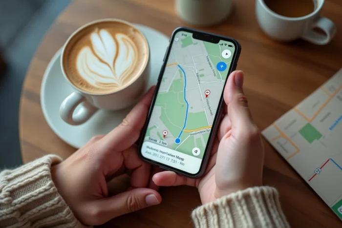 Gros plan de mains tenant un smartphone avec itinéraire pédestre Google Maps affiché sur l'écran dans un café