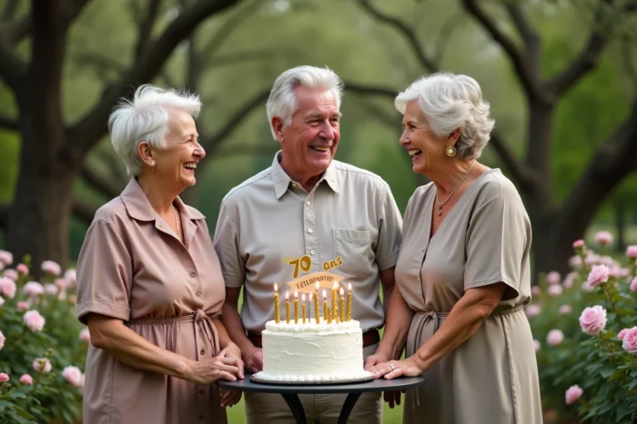 Groupe d'amis de 70 ans fêtant un anniversaire dans un jardin fleuri avec un gâteau et une banderole humoristique