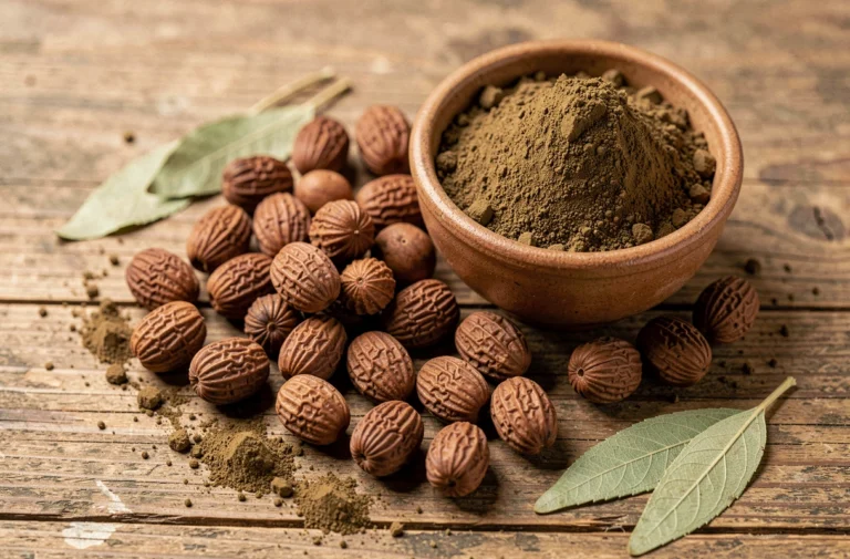 Fruits séchés d'haritaki et poudre ayurvédique dans un bol en céramique sur bois rustique, vue de dessus