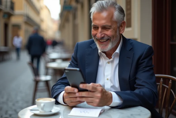 Homme élégant de 70 ans souriant en lisant un message d'anniversaire drôle sur son téléphone en terrasse de café