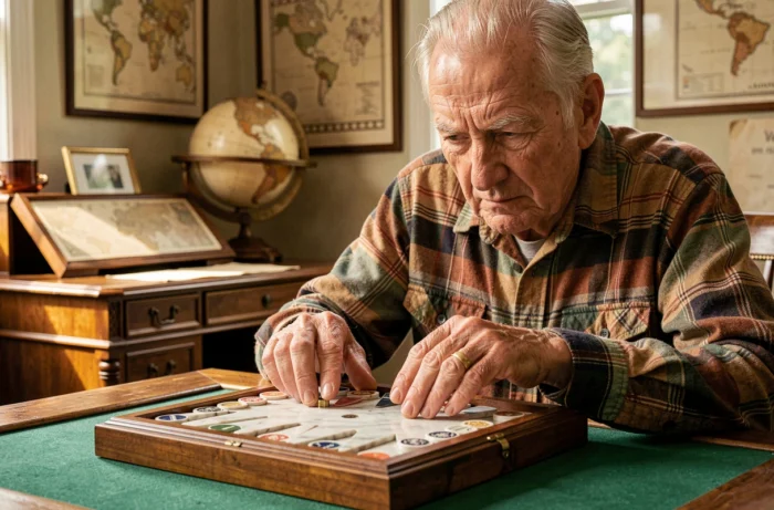 Homme âgé concentré sur un jeu de solitaire avec des billes en bois dans un bureau vintage