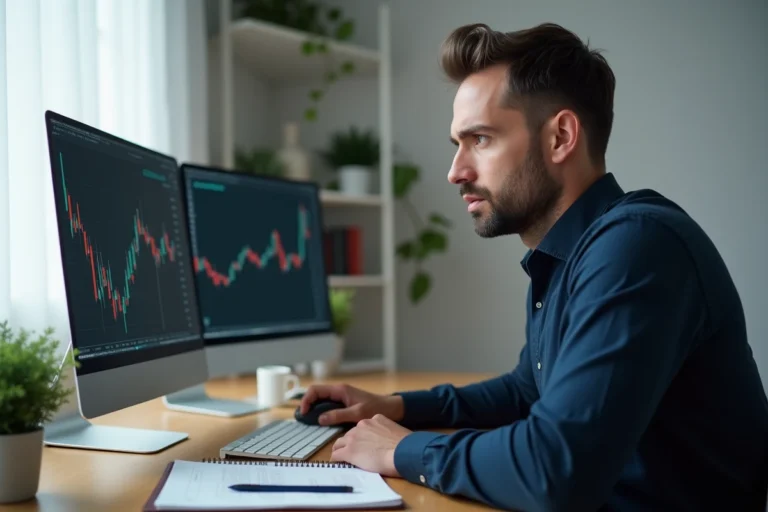 Homme concentré analysant des graphiques boursiers sur deux écrans dans un bureau à domicile moderne, prenant des notes pour investir en bourse