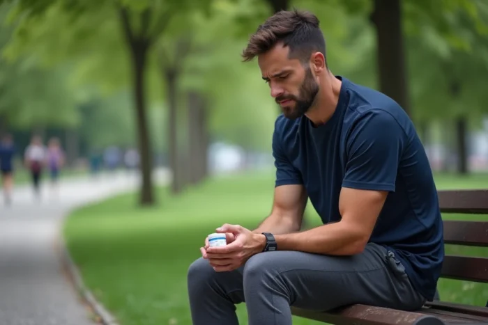 Homme appliquant une pommade anti-douleur sur son genou après le sport dans un parc