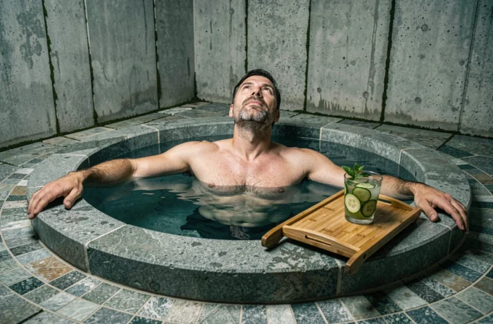 Homme détendu dans un bain hydro-thérapeutique en pierre au spa, illustrant les bienfaits d'une pause bien-être de 15 minutes