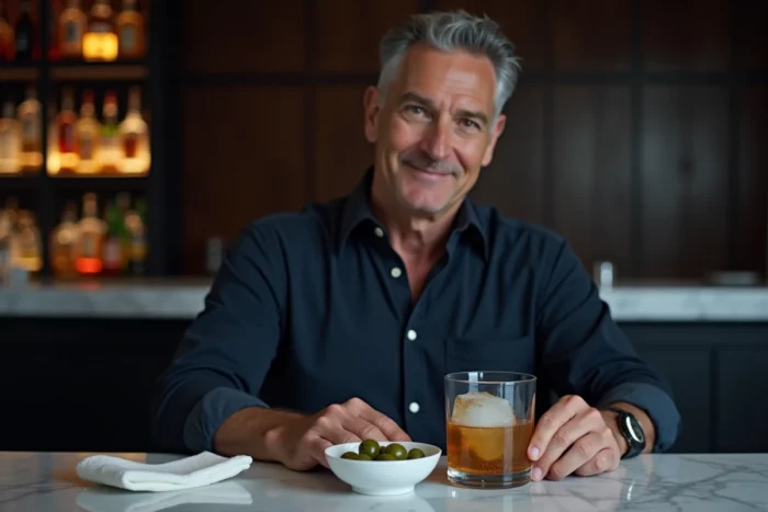 Homme attablé dans un bar moderne avec un verre de spiritueux pur sur glace, représentant les alcools forts autorisés en alimentation cétogène