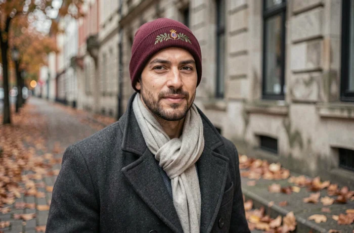 Homme portant un bonnet en laine bordeaux brodé personnalisé dans une rue pavée en automne