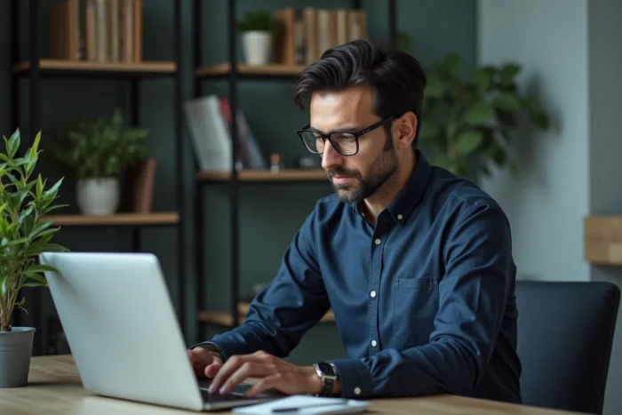 Un homme en télétravail se connecte à son compte Famileo sur un ordinateur portable