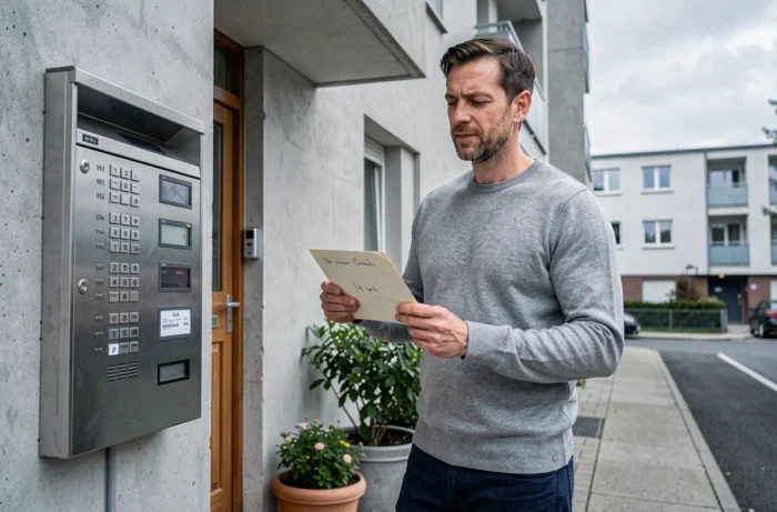 Homme envoyant une lettre recommandée de résiliation de bail devant un immeuble résidentiel