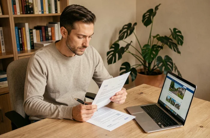 Homme lisant attentivement un contrat immobilier assis à un bureau avec ordinateur portable et documents