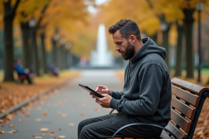 Homme planifiant un itinéraire à pied sur tablette dans un parc en automne avec Google Maps