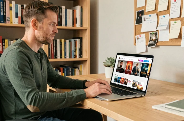 Homme cherchant des alternatives de streaming sur son ordinateur portable dans un bureau à domicile