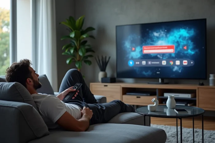 Homme dans son salon face à un message de restriction géographique sur sa télévision connectée, utilisant un VPN pour débloquer des contenus streaming en France