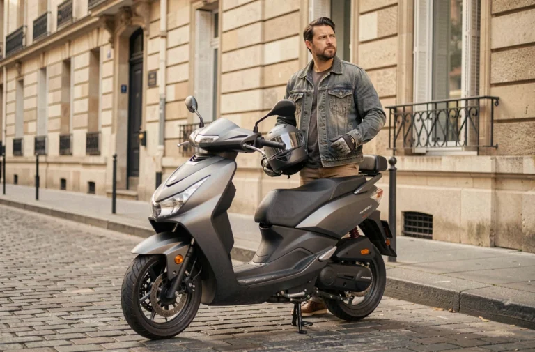 Homme debout à côté d'un scooter 300 cm3 garé sur un trottoir parisien, casque sous le bras