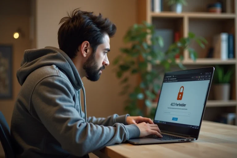 Homme accédant à un site bloqué sur son ordinateur portable avec un message d'erreur 403 dans un bureau à domicile