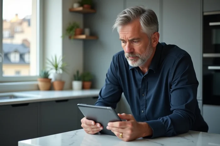 Homme consultant une plateforme de streaming française sur tablette dans une cuisine contemporaine