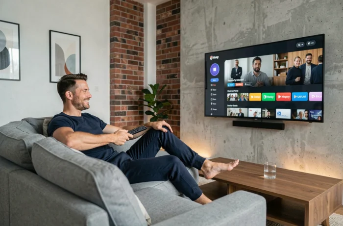 Homme regardant une plateforme de streaming légale sur sa télévision dans un appartement moderne