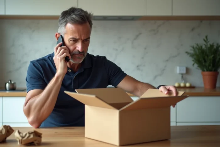 Homme au téléphone avec le service client Carrefour après réception d'un colis incomplet