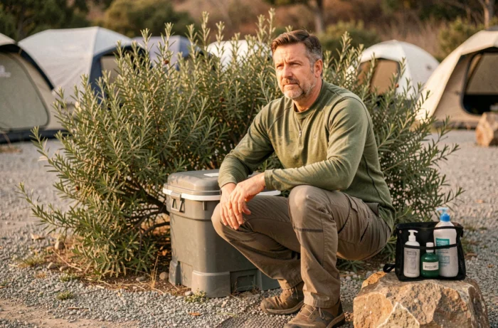 Homme utilisant des toilettes de camping portatives discrètes en plein air, avec un kit de toilette organisé posé sur un rocher à proximité