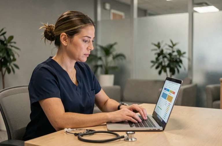 Infirmière consultant des ressources médicales en ligne sur un ordinateur portable dans une salle de pause hospitalière