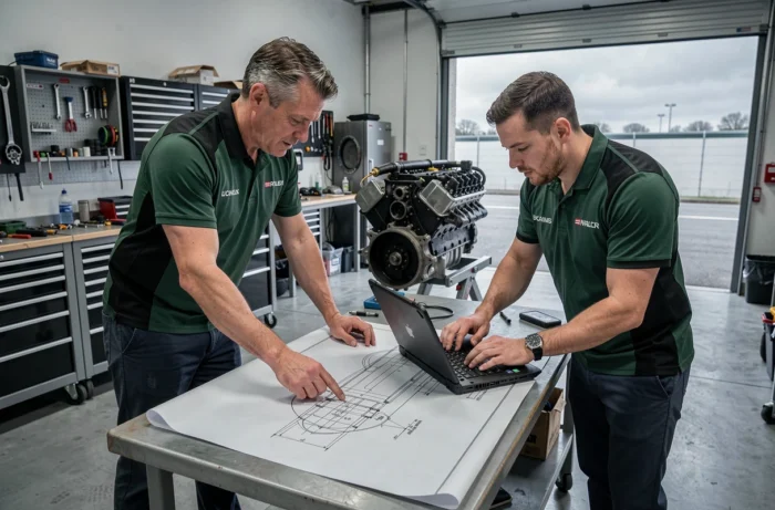 Deux ingénieurs automobiles de Redracing Green collaborant sur des plans techniques dans un garage de préparation de voitures de course professionnel