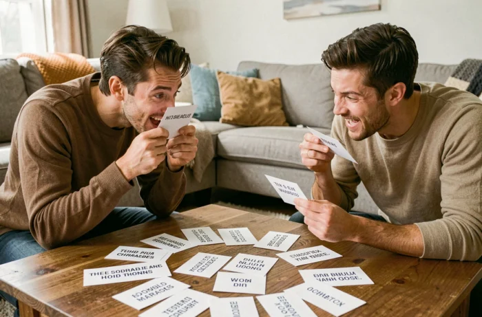 Fiches découpables de devinettes et charades étalées sur une table basse entre deux joueurs