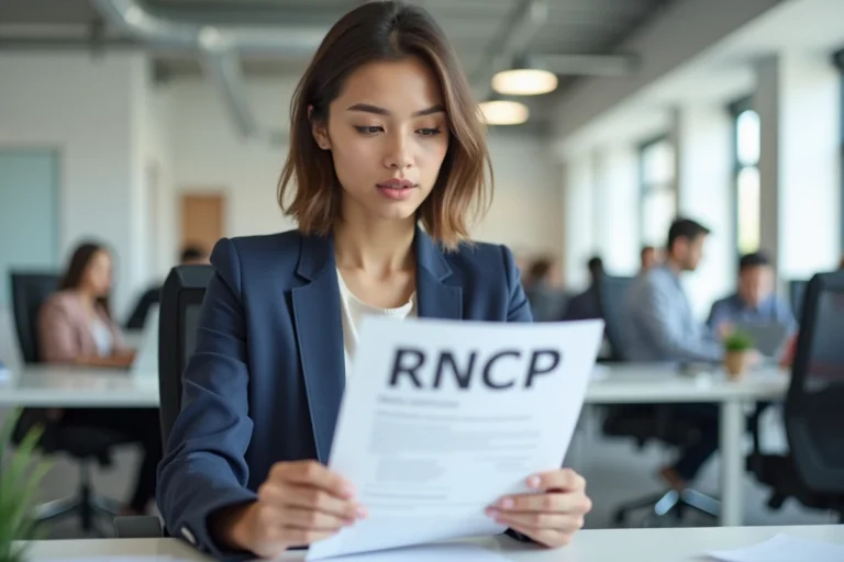Jeune femme en alternance consultant un document de certification RNCP dans un bureau professionnel moderne