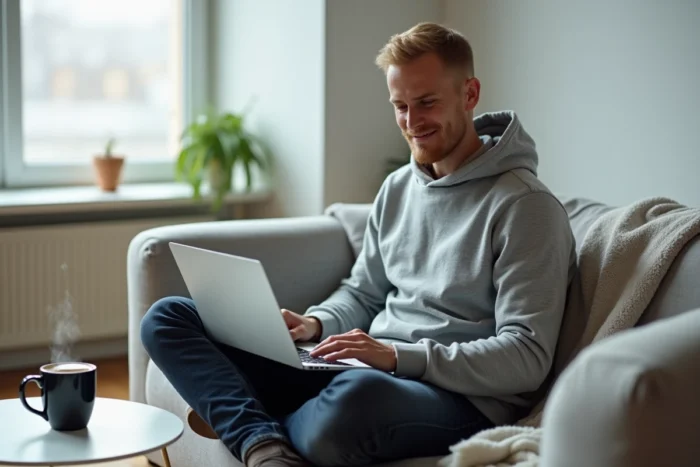 Jeune homme débutant en bourse consultant son portefeuille d'investissement sur un ordinateur portable depuis son canapé dans un appartement minimaliste