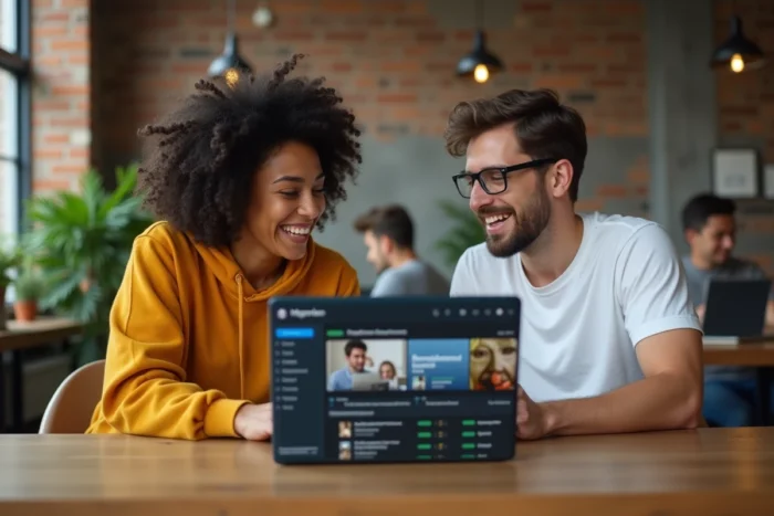 Deux jeunes adultes discutant d'un service de streaming français dans un espace de coworking moderne