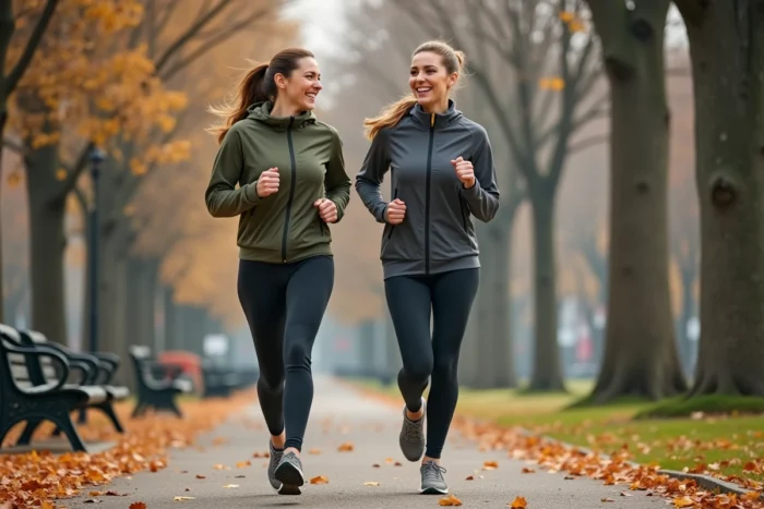 Deux femmes faisant du jogging ensemble dans un parc en automne, illustrant les bienfaits de l'activité physique régulière pour la santé
