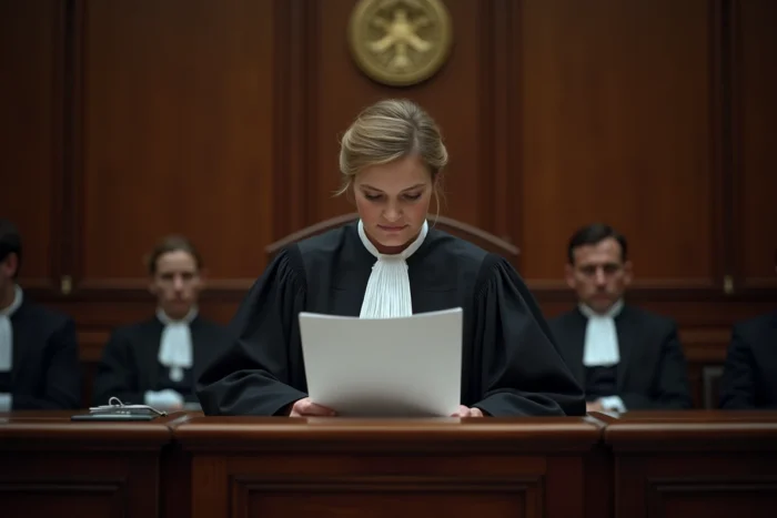 Magistrate en robe de juge française présidant une audience au tribunal, illustrant les conséquences judiciaires d'un coup de poing en droit pénal français