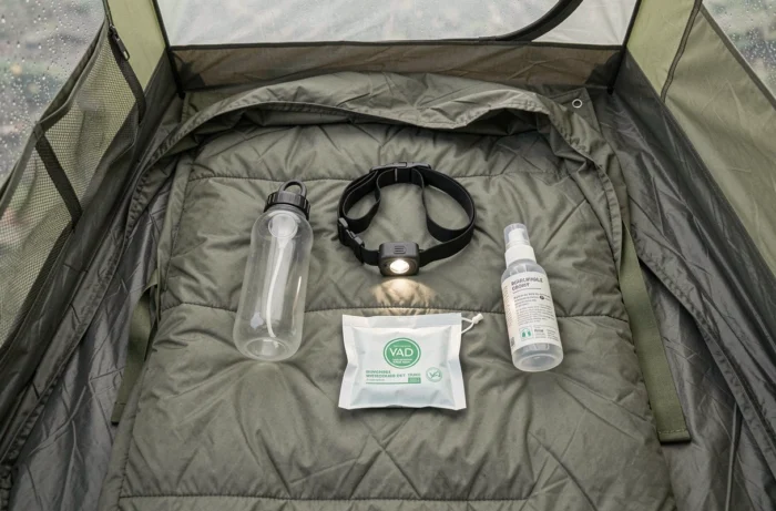 Kit pratique pour uriner la nuit en camping disposé à plat dans une tente, incluant une bouteille réutilisable, lampe frontale et lingettes biodégradables