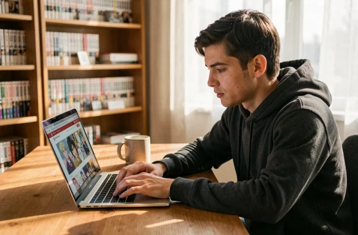 Jeune homme consultant des scans manga sur un site web depuis son ordinateur portable dans un bureau cosy