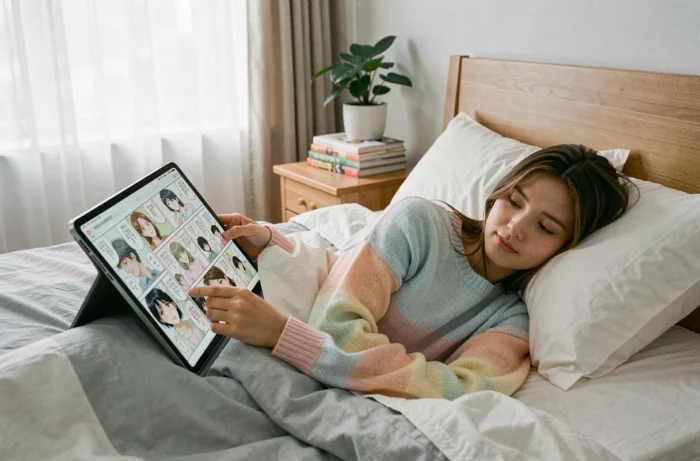 Jeune femme lisant des scans manga sur une tablette allongée sur son lit dans une chambre cosy