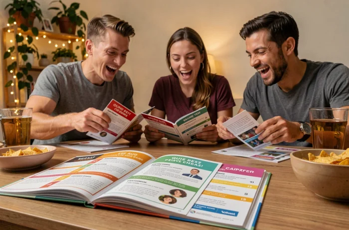 Livret multi-jeux imprimé ouvert sur une table entouré d'amis prêts pour une soirée complète