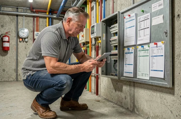 Gestionnaire technique de copropriété inspectant le tableau électrique en sous-sol lors d'une opération de maintenance préventive dans un grand immeuble résidentiel