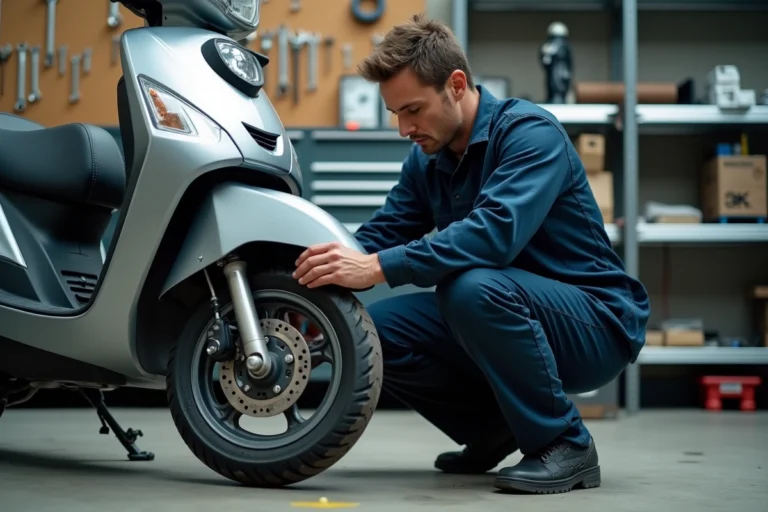 Mécanicien inspectant le disque de frein et la suspension d'un scooter urbain dans un atelier pour diagnostiquer le broutage