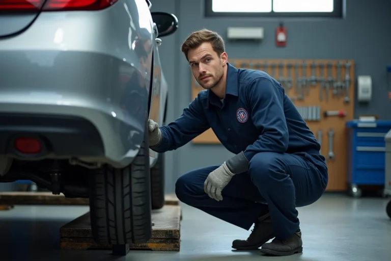 Mécanicien professionnel inspectant le dessous d'un véhicule dans un garage automobile moderne et bien équipé