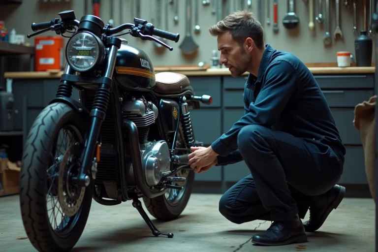 Mécanicien inspectant le compteur kilométrique d'une moto d'occasion affichant 20000 km dans un atelier