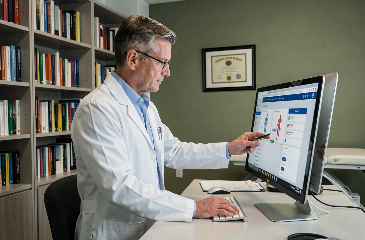 Médecin généraliste consultant une plateforme de formation médicale continue sur un grand écran dans son cabinet