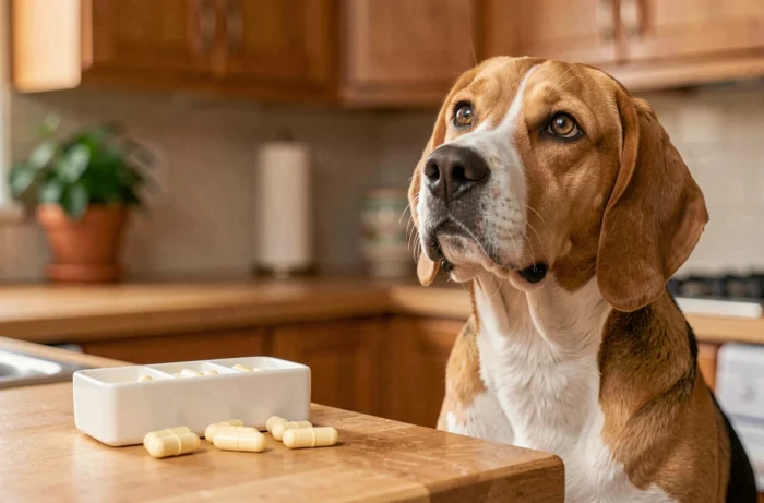 Capsules de médicament vétérinaire posées sur un comptoir de cuisine à côté d'un beagle attentif