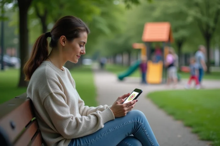 Mère consultant une application de géolocalisation GPS sur son smartphone dans un parc pour surveiller ses enfants
