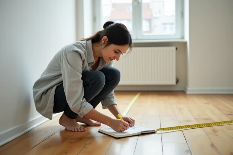 Femme mesurant la surface d'une pièce vide avec un mètre ruban jaune et un carnet de notes