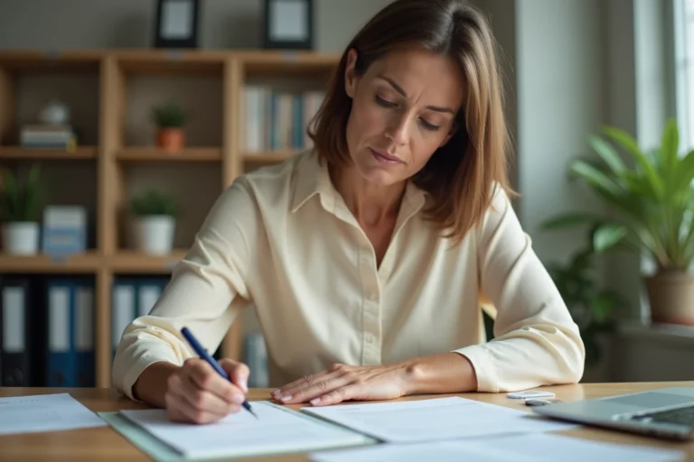 Femme remplissant un formulaire administratif Urssaf à son bureau à domicile