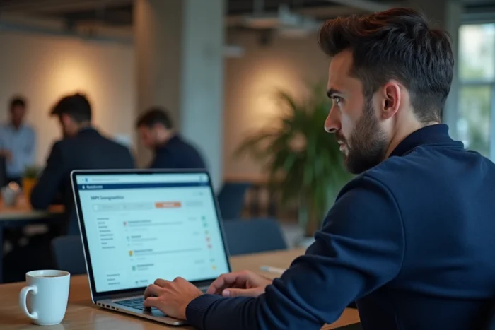 Homme mettant à jour ses informations Urssaf sur un ordinateur portable dans un espace de coworking