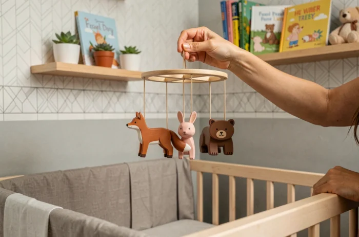 Mobile en bois peint à la main avec animaux de la forêt suspendu au-dessus du lit de bébé par des mains de parent dans une chambre décorée