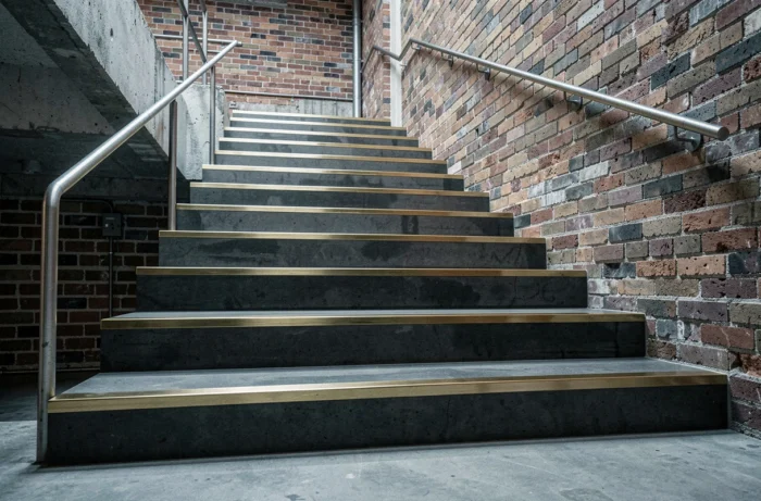 Nez de marche en métal brossé contrastant avec les marches en béton anthracite d'un escalier de loft