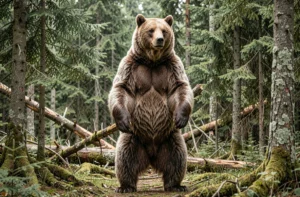 Ours grizzly debout sur ses pattes arrière dans une forêt boréale dense, montrant sa bosse caractéristique et sa fourrure épaisse aux reflets argentés