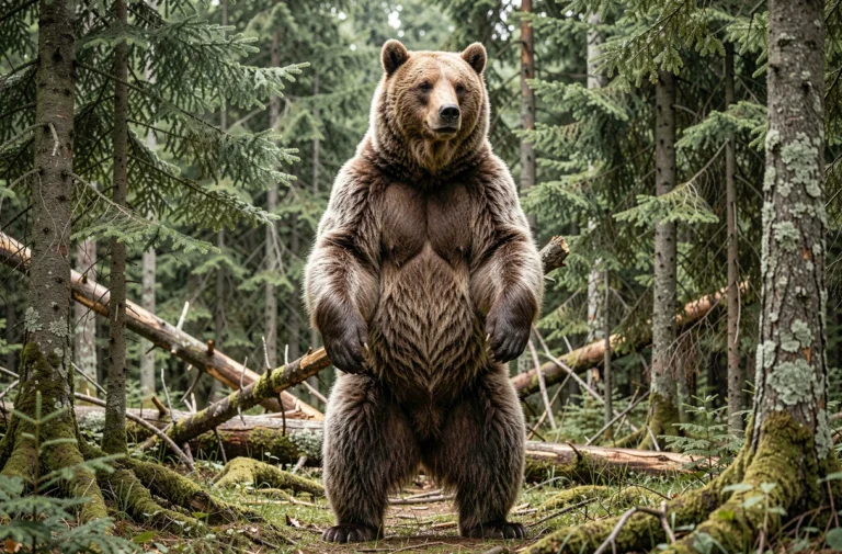 Ours grizzly debout sur ses pattes arrière dans une forêt boréale dense, montrant sa bosse caractéristique et sa fourrure épaisse aux reflets argentés