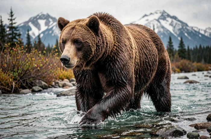 Ours Kodiak géant traversant une rivière peu profonde en Alaska, sa masse imposante mise en valeur face aux paysages montagneux enneigés en arrière-plan